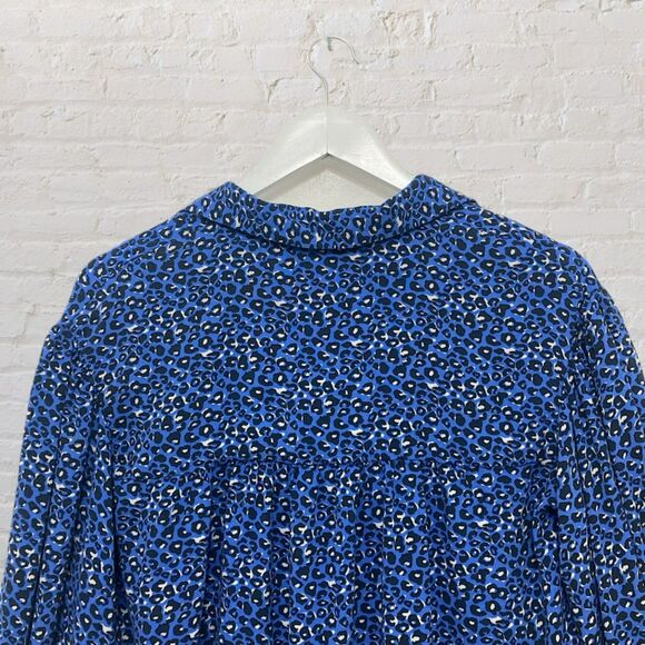 Zara Blue Leopard Print Balloon Sleeve Collared Blouse Oversized Top Size S - Picture 7 of 16